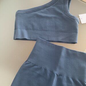 BNWT GYMSHARK COTTON SEAMLESS SET SPORTS BRA CROP TOP SHORTS FADED BLUE S SMALL